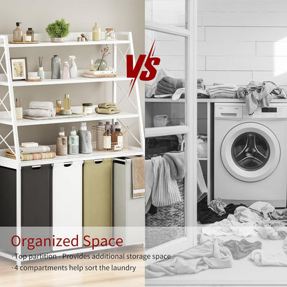 Laundry Basket, 2 Section Laundry Hamper with 4 Tiers Shelf, Pull-Out and Removable Laundry Bags, Large 2 x 15.87 Gallons, for Bedroom Bathroom White PF11XLE