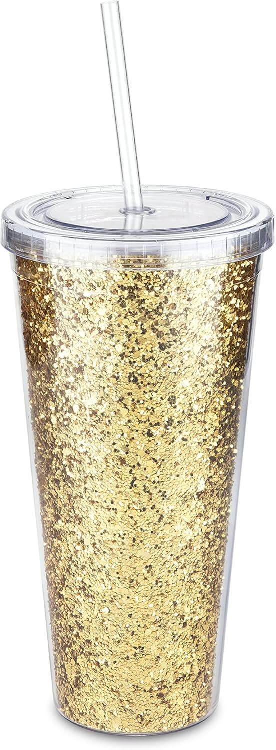 Glam Double Walled Glitter Acrylic Plastic Tumbler with Lid and Straw, Reusable Cups for Smoothie, Iced Coffee Tumblers, 24 oz Set of 1, Silver