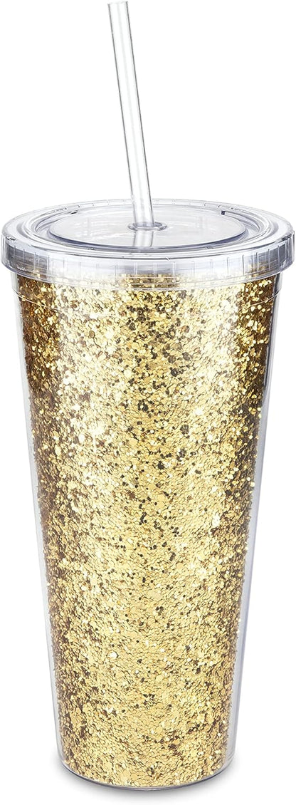 Glam Double Walled Glitter Acrylic Plastic Tumbler with Lid and Straw, Reusable Cups for Smoothie, Iced Coffee Tumblers, 24 oz Set of 1, Silver
