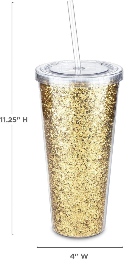Glam Double Walled Glitter Acrylic Plastic Tumbler with Lid and Straw, Reusable Cups for Smoothie, Iced Coffee Tumblers, 24 oz Set of 1, Silver