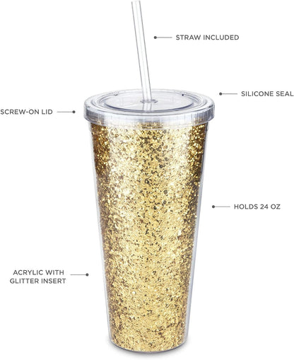Glam Double Walled Glitter Acrylic Plastic Tumbler with Lid and Straw, Reusable Cups for Smoothie, Iced Coffee Tumblers, 24 oz Set of 1, Silver