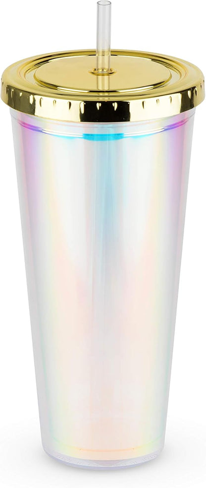 Glam Double Walled Glitter Acrylic Plastic Tumbler with Lid and Straw, Reusable Cups for Smoothie, Iced Coffee Tumblers, 24 oz Set of 1, Silver