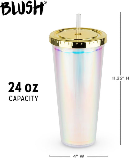 Glam Double Walled Glitter Acrylic Plastic Tumbler with Lid and Straw, Reusable Cups for Smoothie, Iced Coffee Tumblers, 24 oz Set of 1, Silver