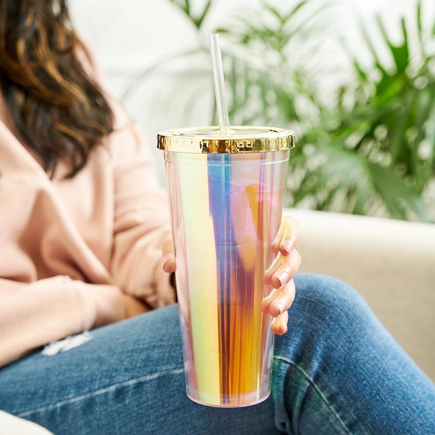 Glam Double Walled Glitter Acrylic Plastic Tumbler with Lid and Straw, Reusable Cups for Smoothie, Iced Coffee Tumblers, 24 oz Set of 1, Silver
