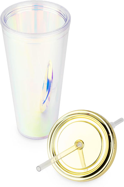 Glam Double Walled Glitter Acrylic Plastic Tumbler with Lid and Straw, Reusable Cups for Smoothie, Iced Coffee Tumblers, 24 oz Set of 1, Silver