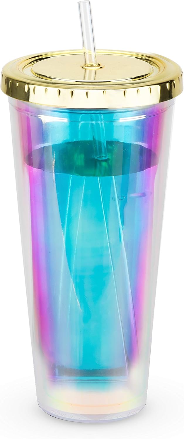 Glam Double Walled Glitter Acrylic Plastic Tumbler with Lid and Straw, Reusable Cups for Smoothie, Iced Coffee Tumblers, 24 oz Set of 1, Silver
