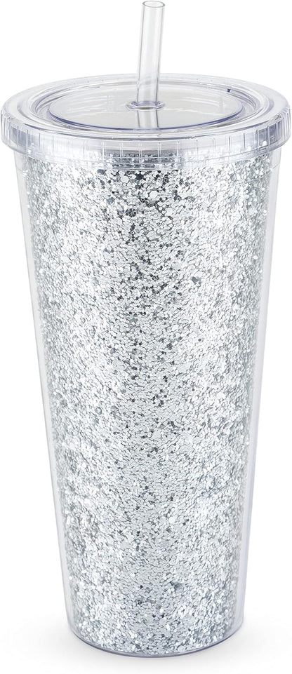 Glam Double Walled Glitter Acrylic Plastic Tumbler with Lid and Straw, Reusable Cups for Smoothie, Iced Coffee Tumblers, 24 oz Set of 1, Silver