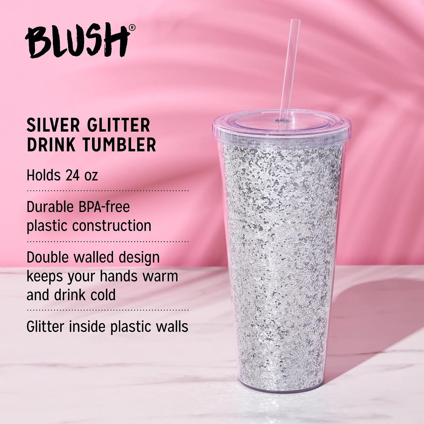 Glam Double Walled Glitter Acrylic Plastic Tumbler with Lid and Straw, Reusable Cups for Smoothie, Iced Coffee Tumblers, 24 oz Set of 1, Silver