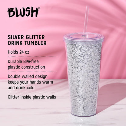 Glam Double Walled Glitter Acrylic Plastic Tumbler with Lid and Straw, Reusable Cups for Smoothie, Iced Coffee Tumblers, 24 oz Set of 1, Silver