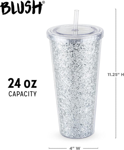 Glam Double Walled Glitter Acrylic Plastic Tumbler with Lid and Straw, Reusable Cups for Smoothie, Iced Coffee Tumblers, 24 oz Set of 1, Silver