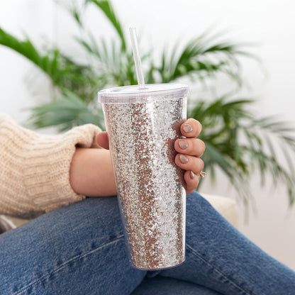 Glam Double Walled Glitter Acrylic Plastic Tumbler with Lid and Straw, Reusable Cups for Smoothie, Iced Coffee Tumblers, 24 oz Set of 1, Silver
