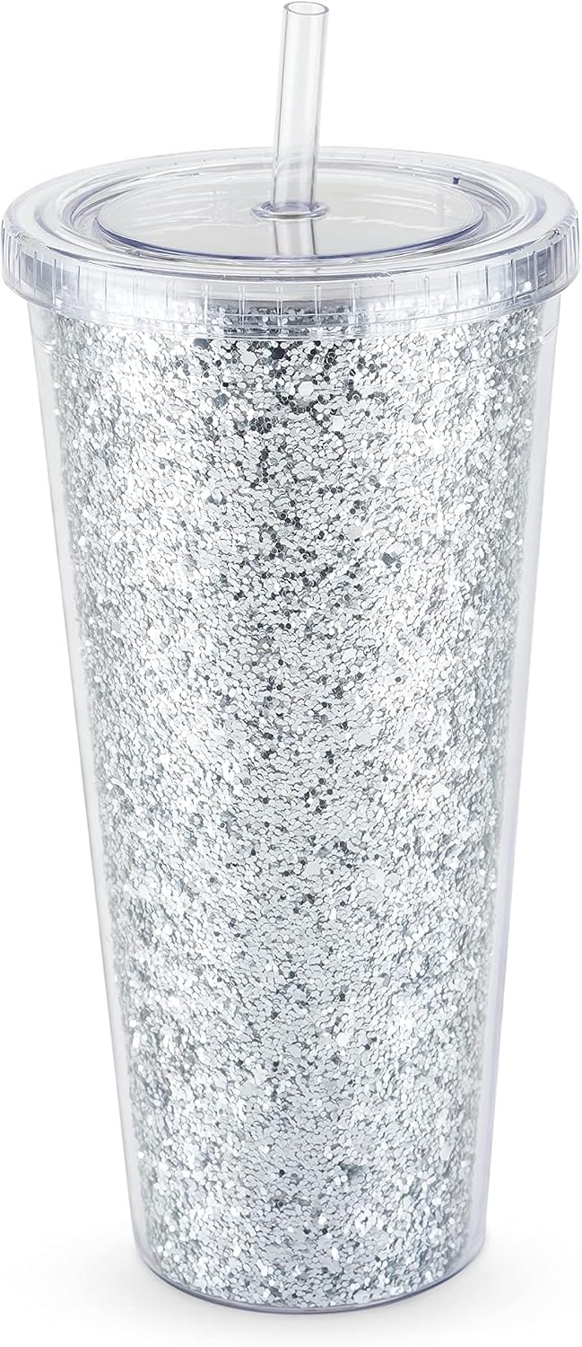 Glam Double Walled Glitter Acrylic Plastic Tumbler with Lid and Straw, Reusable Cups for Smoothie, Iced Coffee Tumblers, 24 oz Set of 1, Silver
