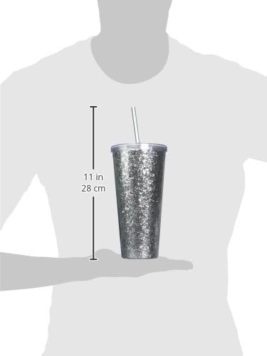Glam Double Walled Glitter Acrylic Plastic Tumbler with Lid and Straw, Reusable Cups for Smoothie, Iced Coffee Tumblers, 24 oz Set of 1, Silver