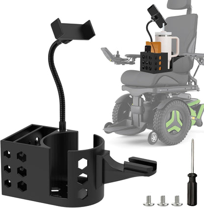 Cup Holder for Permobil Power Wheel Chair,3 in1 Phone Holder,Storage Basket