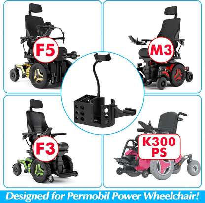 Cup Holder for Permobil Power Wheel Chair,3 in1 Phone Holder,Storage Basket