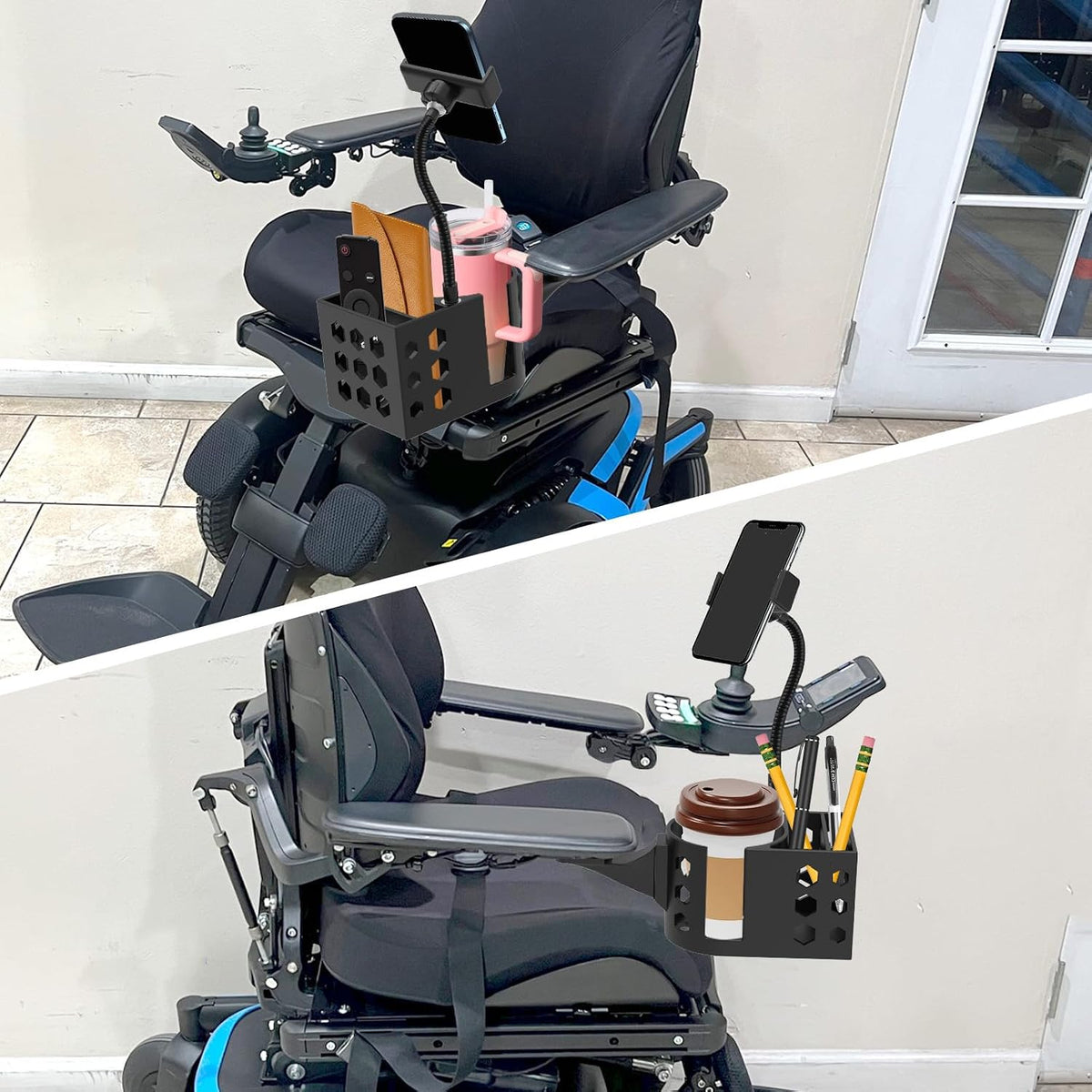 Cup Holder for Permobil Power Wheel Chair,3 in1 Phone Holder,Storage Basket