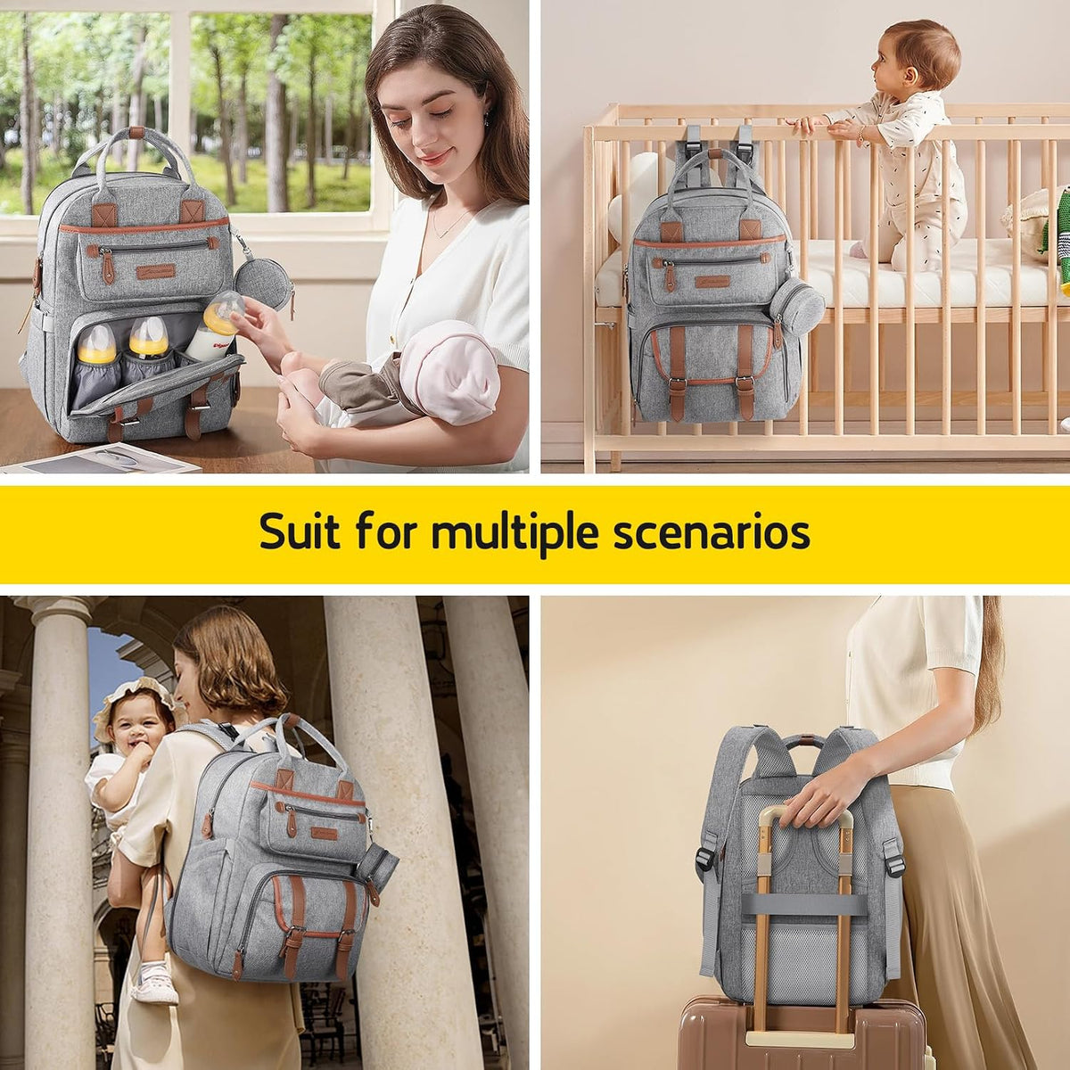 Large Diaper Bag,29L-45L Expandable Diaper Bag Backpack for 2 Kids/Twins Baby Stuff, with Removable Cross Body Bottle Bag for Mom/Dad, Stylish Baby Bag Gift for Boys/Girl-Pink