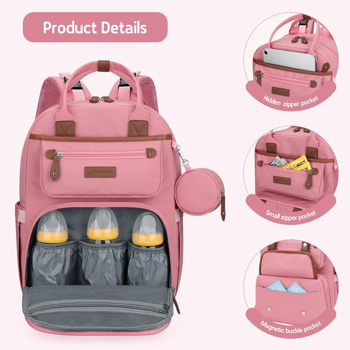 Large Diaper Bag,29L-45L Expandable Diaper Bag Backpack for 2 Kids/Twins Baby Stuff, with Removable Cross Body Bottle Bag for Mom/Dad, Stylish Baby Bag Gift for Boys/Girl-Pink