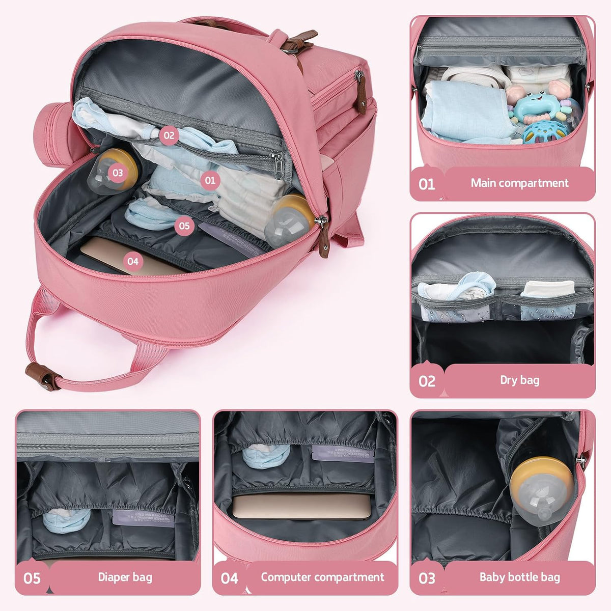 Large Diaper Bag,29L-45L Expandable Diaper Bag Backpack for 2 Kids/Twins Baby Stuff, with Removable Cross Body Bottle Bag for Mom/Dad, Stylish Baby Bag Gift for Boys/Girl-Pink