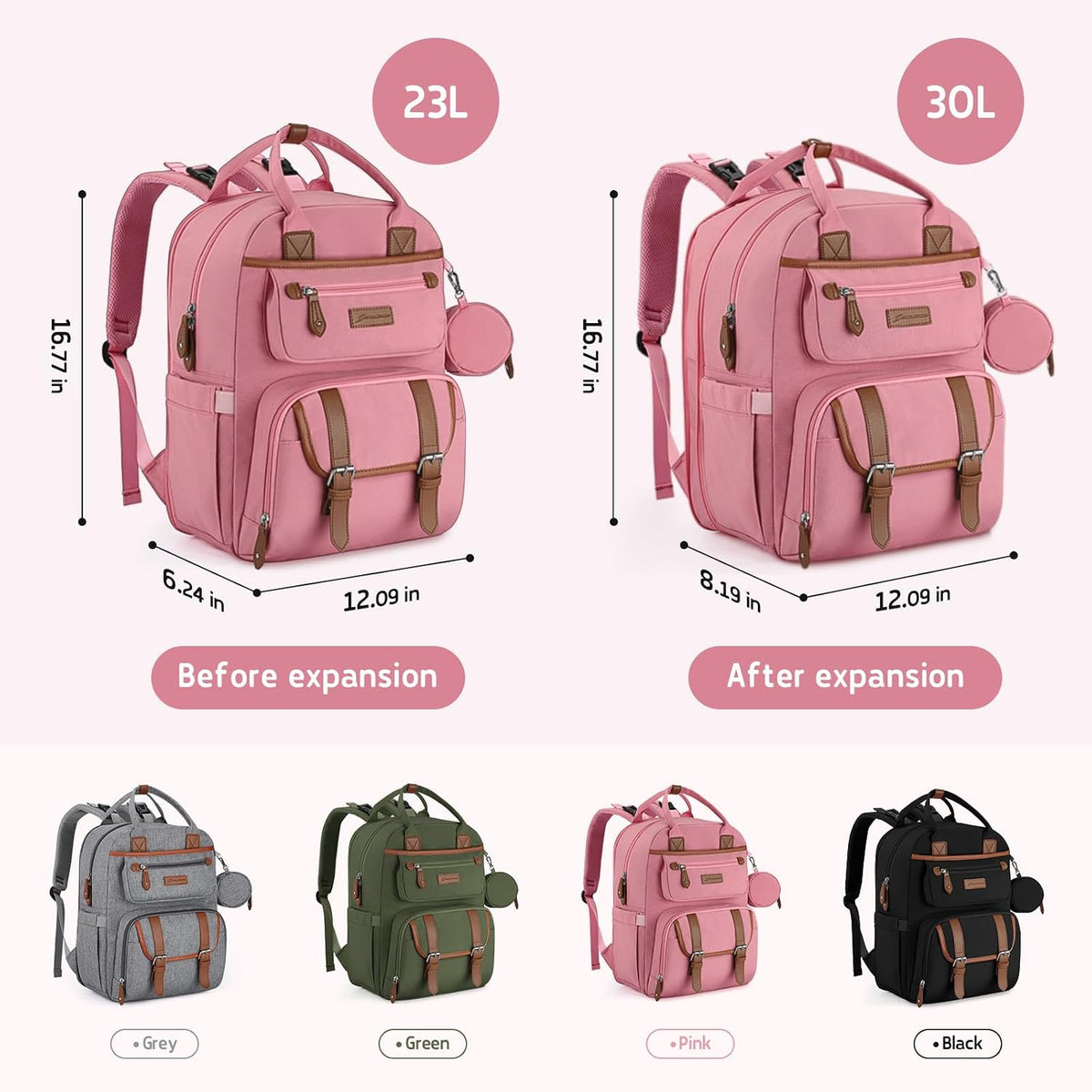 Large Diaper Bag,29L-45L Expandable Diaper Bag Backpack for 2 Kids/Twins Baby Stuff, with Removable Cross Body Bottle Bag for Mom/Dad, Stylish Baby Bag Gift for Boys/Girl-Pink