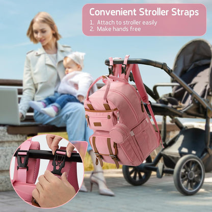 Large Diaper Bag,29L-45L Expandable Diaper Bag Backpack for 2 Kids/Twins Baby Stuff, with Removable Cross Body Bottle Bag for Mom/Dad, Stylish Baby Bag Gift for Boys/Girl-Pink