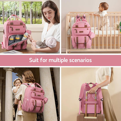 Large Diaper Bag,29L-45L Expandable Diaper Bag Backpack for 2 Kids/Twins Baby Stuff, with Removable Cross Body Bottle Bag for Mom/Dad, Stylish Baby Bag Gift for Boys/Girl-Pink