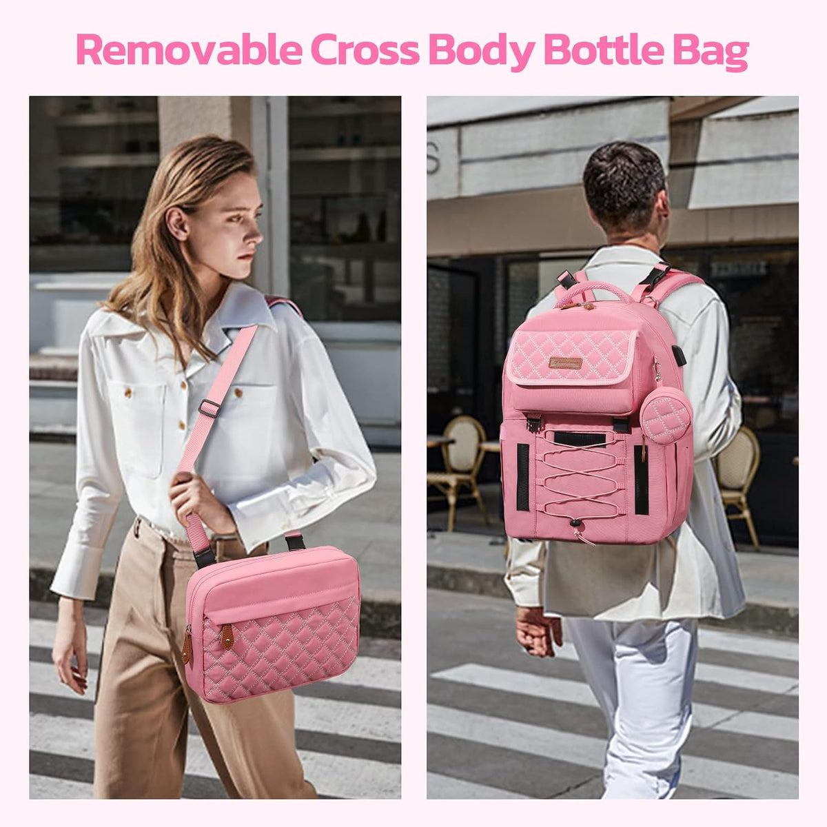 Large Diaper Bag,29L-45L Expandable Diaper Bag Backpack for 2 Kids/Twins Baby Stuff, with Removable Cross Body Bottle Bag for Mom/Dad, Stylish Baby Bag Gift for Boys/Girl-Pink