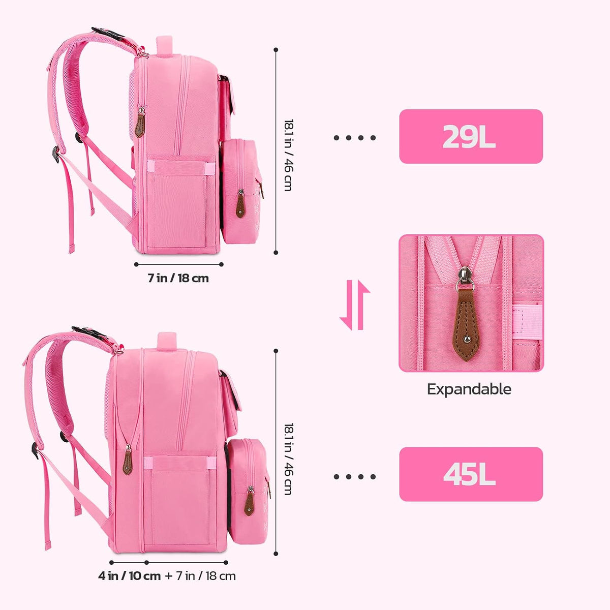 Large Diaper Bag,29L-45L Expandable Diaper Bag Backpack for 2 Kids/Twins Baby Stuff, with Removable Cross Body Bottle Bag for Mom/Dad, Stylish Baby Bag Gift for Boys/Girl-Pink