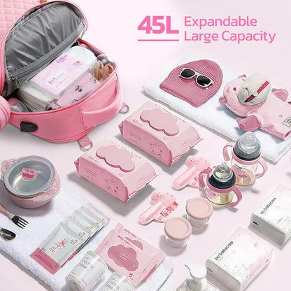 Large Diaper Bag,29L-45L Expandable Diaper Bag Backpack for 2 Kids/Twins Baby Stuff, with Removable Cross Body Bottle Bag for Mom/Dad, Stylish Baby Bag Gift for Boys/Girl-Pink