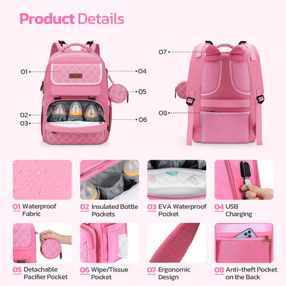 Large Diaper Bag,29L-45L Expandable Diaper Bag Backpack for 2 Kids/Twins Baby Stuff, with Removable Cross Body Bottle Bag for Mom/Dad, Stylish Baby Bag Gift for Boys/Girl-Pink