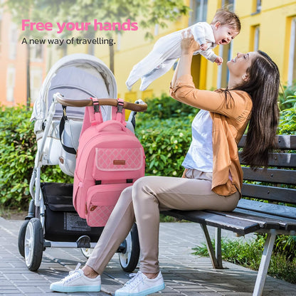 Large Diaper Bag,29L-45L Expandable Diaper Bag Backpack for 2 Kids/Twins Baby Stuff, with Removable Cross Body Bottle Bag for Mom/Dad, Stylish Baby Bag Gift for Boys/Girl-Pink
