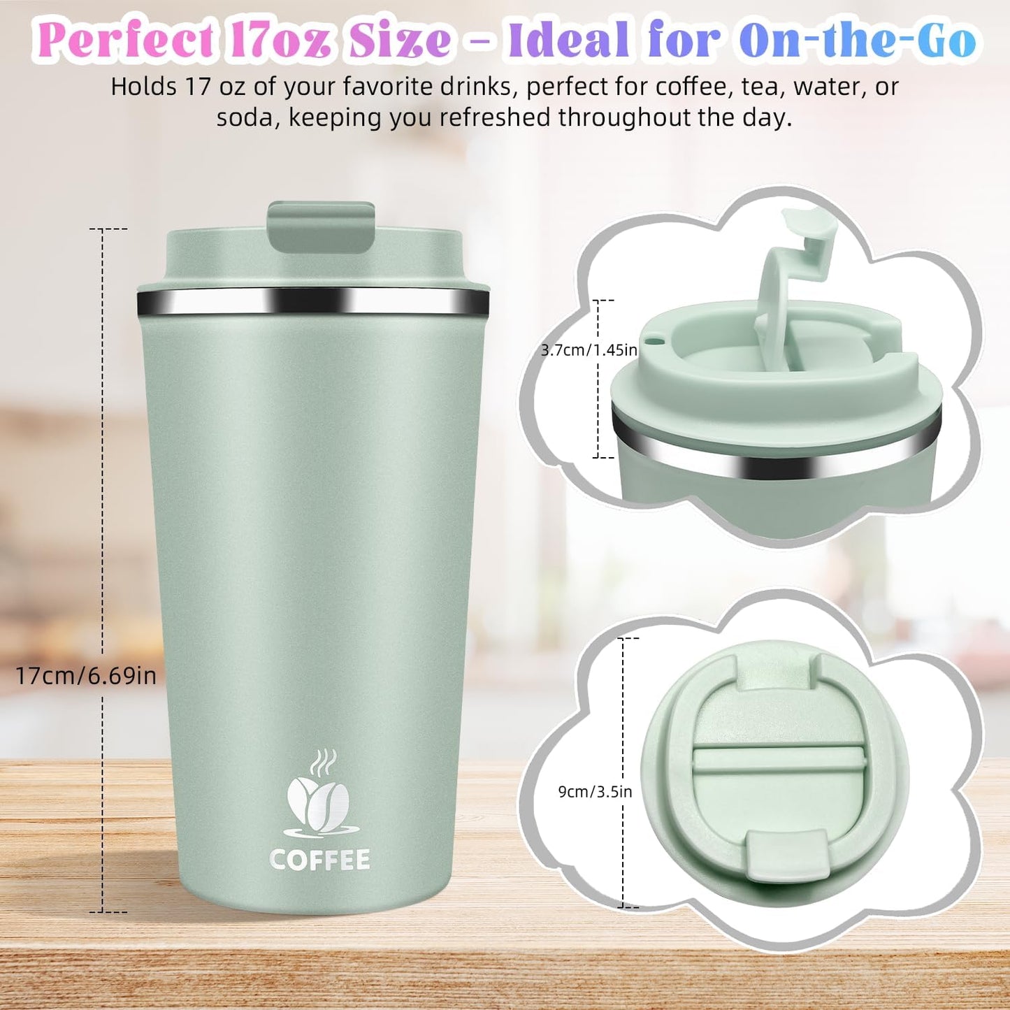 17oz Insulated Travel Coffee Mug with Flip Lid ¨C Leakproof Stainless Steel Insulated Coffee Tumblers, Reusable Coffee Cup for Hot & Cold Drinks, Perfect for Camping & On-the-Go