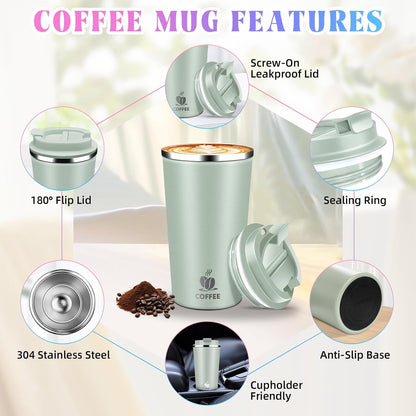 17oz Insulated Travel Coffee Mug with Flip Lid ¨C Leakproof Stainless Steel Insulated Coffee Tumblers, Reusable Coffee Cup for Hot & Cold Drinks, Perfect for Camping & On-the-Go
