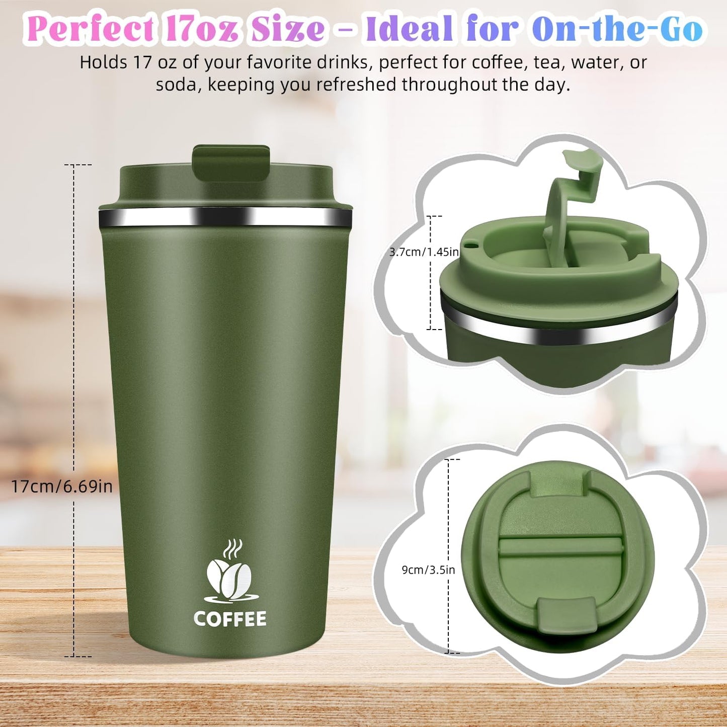 17oz Insulated Travel Coffee Mug with Flip Lid ¨C Leakproof Stainless Steel Insulated Coffee Tumblers, Reusable Coffee Cup for Hot & Cold Drinks, Perfect for Camping & On-the-Go