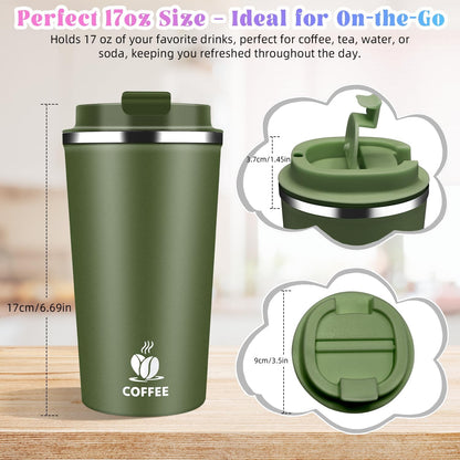17oz Insulated Travel Coffee Mug with Flip Lid ¨C Leakproof Stainless Steel Insulated Coffee Tumblers, Reusable Coffee Cup for Hot & Cold Drinks, Perfect for Camping & On-the-Go