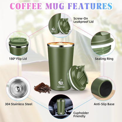 17oz Insulated Travel Coffee Mug with Flip Lid ¨C Leakproof Stainless Steel Insulated Coffee Tumblers, Reusable Coffee Cup for Hot & Cold Drinks, Perfect for Camping & On-the-Go