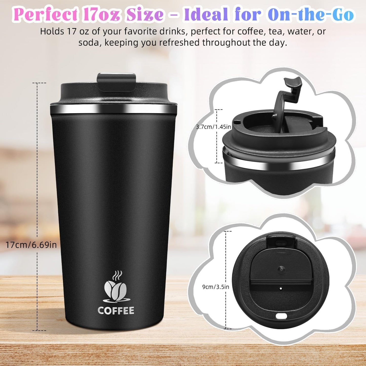 17oz Insulated Travel Coffee Mug with Flip Lid ¨C Leakproof Stainless Steel Insulated Coffee Tumblers, Reusable Coffee Cup for Hot & Cold Drinks, Perfect for Camping & On-the-Go