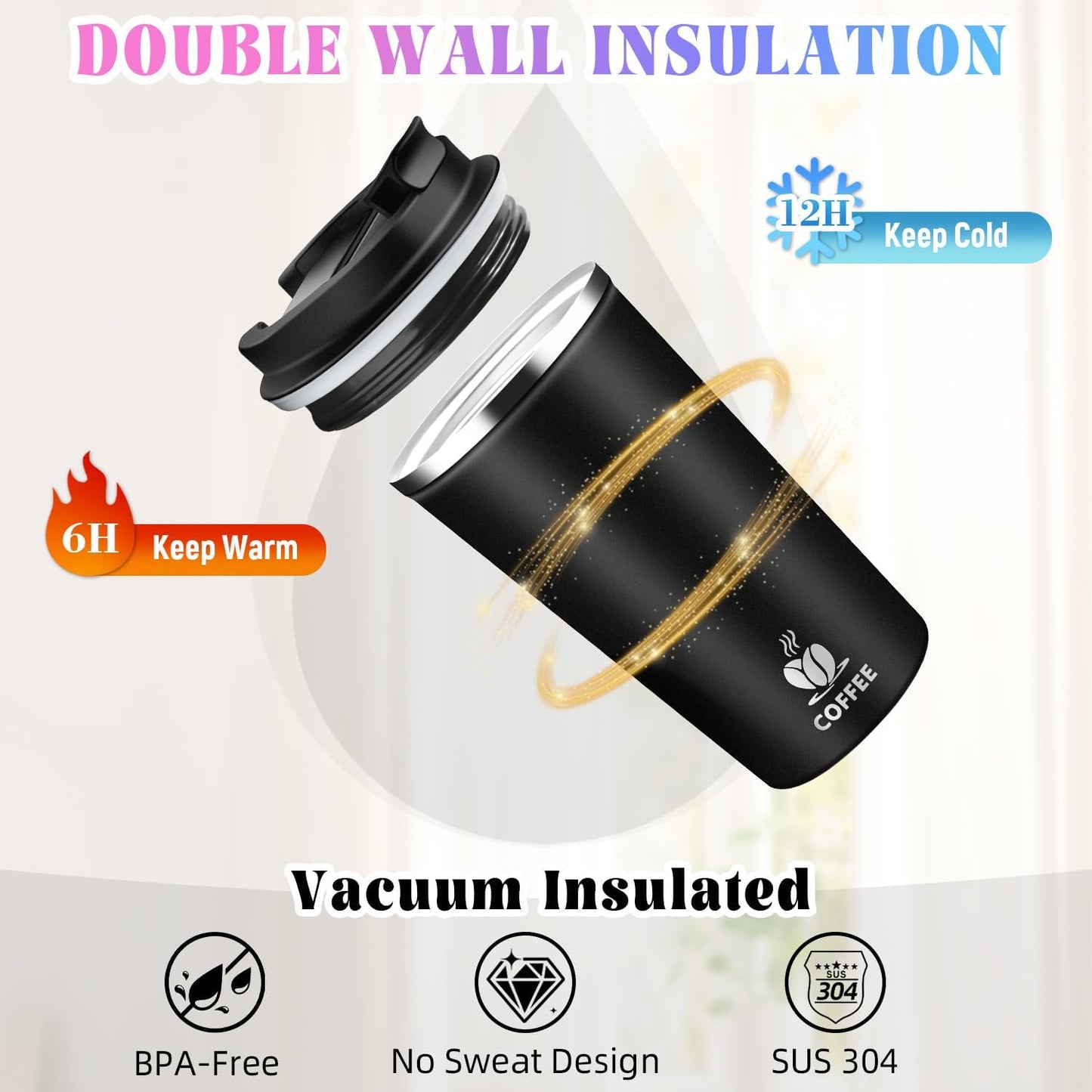 17oz Insulated Travel Coffee Mug with Flip Lid ¨C Leakproof Stainless Steel Insulated Coffee Tumblers, Reusable Coffee Cup for Hot & Cold Drinks, Perfect for Camping & On-the-Go