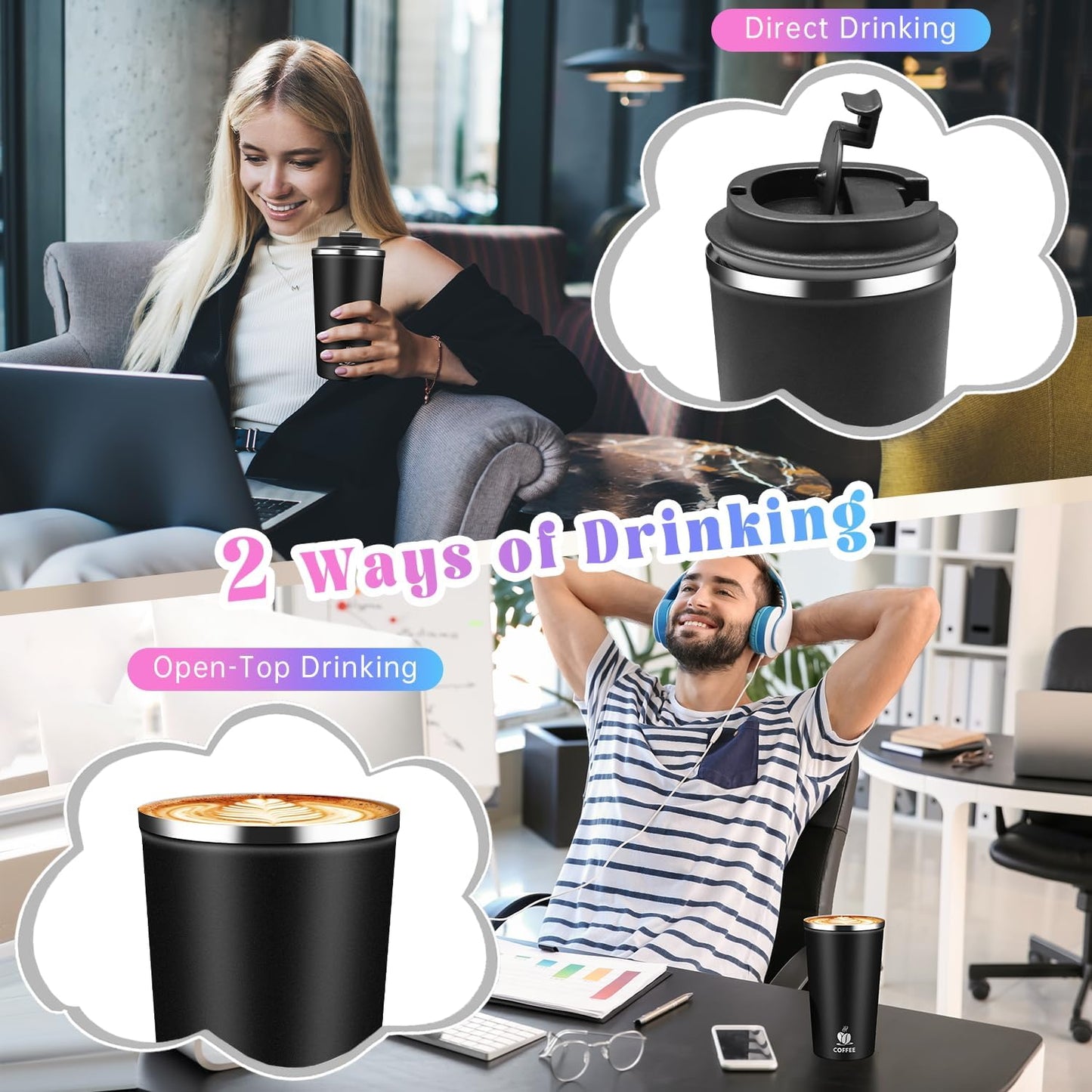 17oz Insulated Travel Coffee Mug with Flip Lid ¨C Leakproof Stainless Steel Insulated Coffee Tumblers, Reusable Coffee Cup for Hot & Cold Drinks, Perfect for Camping & On-the-Go