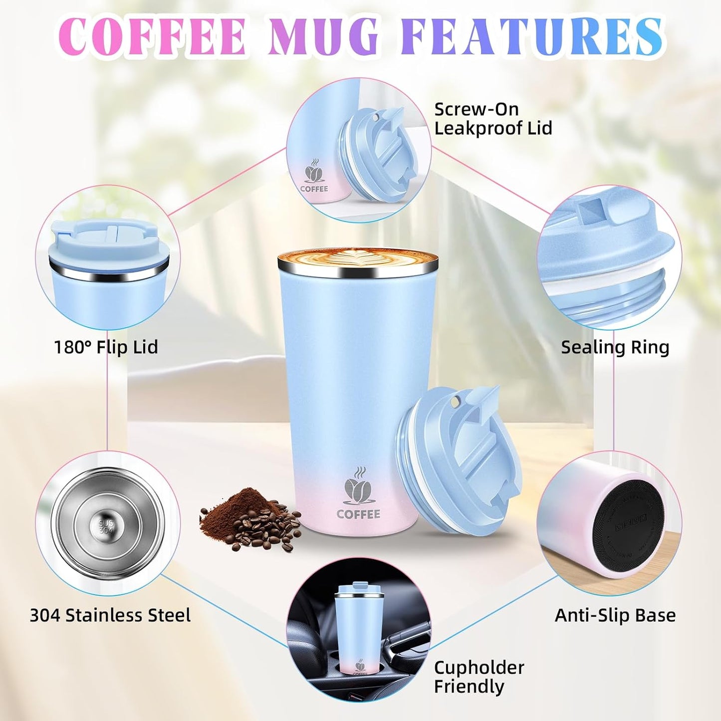 17oz Insulated Travel Coffee Mug with Flip Lid ¨C Leakproof Stainless Steel Insulated Coffee Tumblers, Reusable Coffee Cup for Hot & Cold Drinks, Perfect for Camping & On-the-Go
