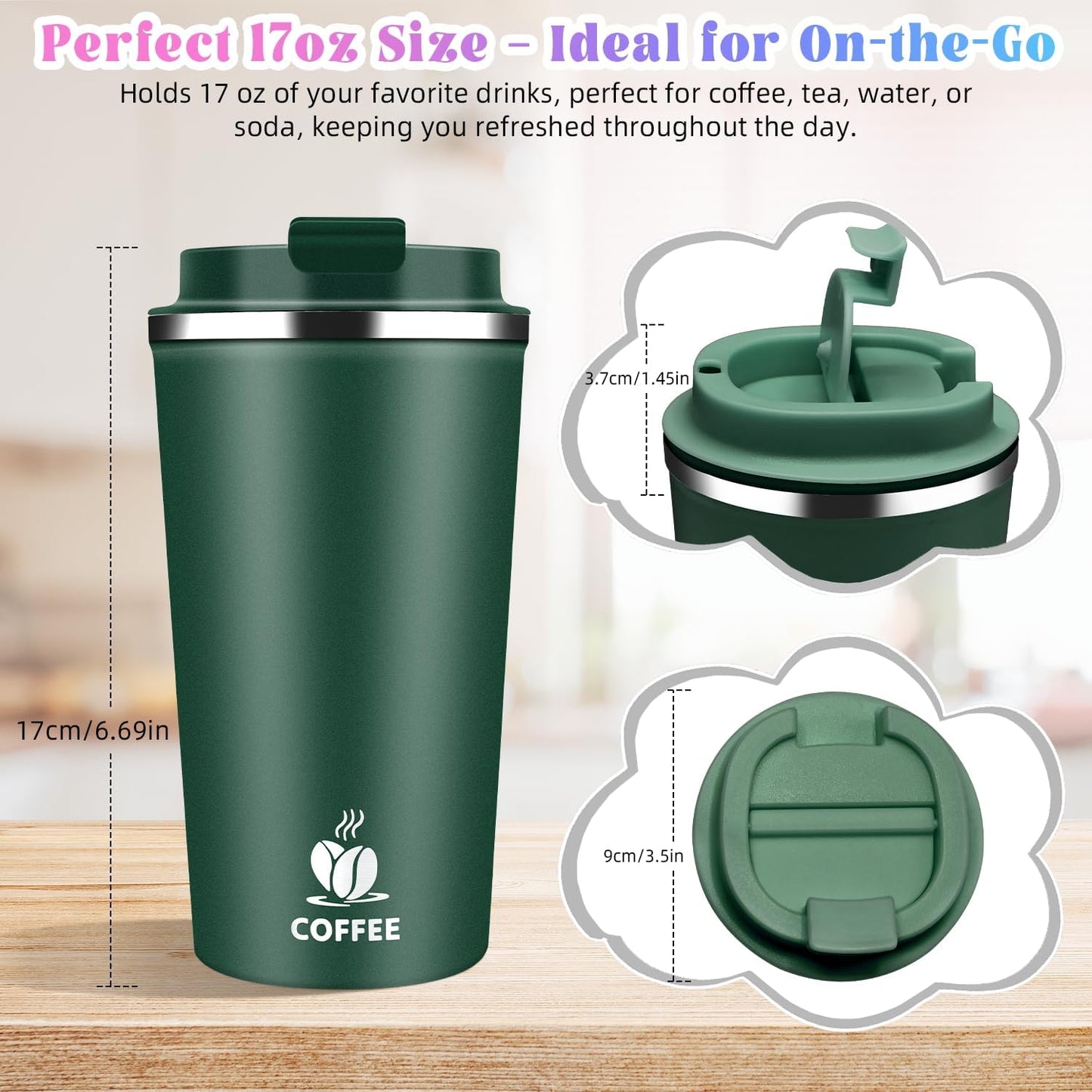 17oz Insulated Travel Coffee Mug with Flip Lid ¨C Leakproof Stainless Steel Insulated Coffee Tumblers, Reusable Coffee Cup for Hot & Cold Drinks, Perfect for Camping & On-the-Go