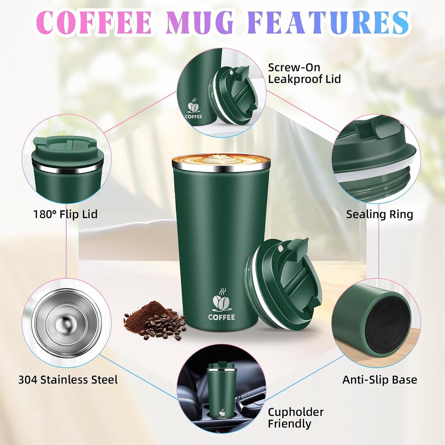 17oz Insulated Travel Coffee Mug with Flip Lid ¨C Leakproof Stainless Steel Insulated Coffee Tumblers, Reusable Coffee Cup for Hot & Cold Drinks, Perfect for Camping & On-the-Go