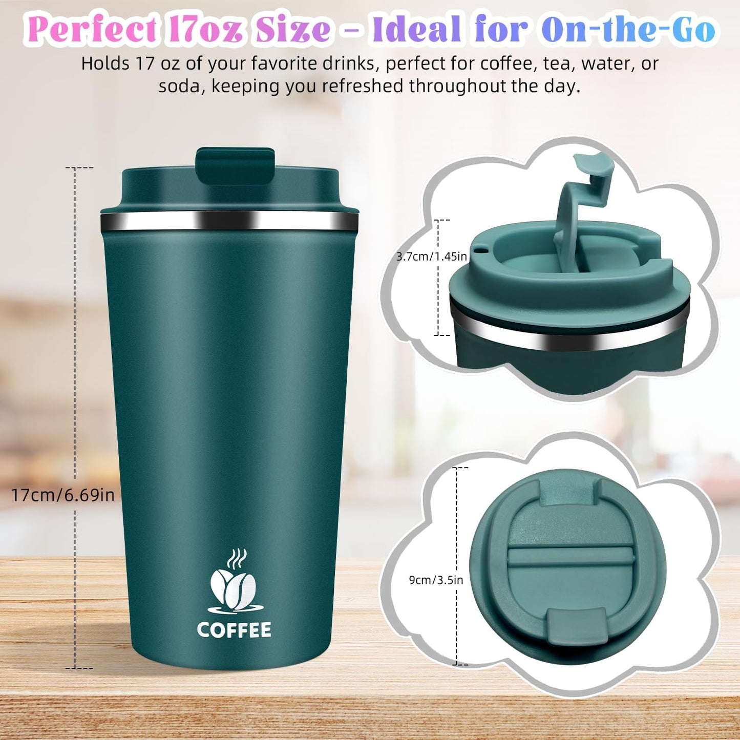17oz Insulated Travel Coffee Mug with Flip Lid ¨C Leakproof Stainless Steel Insulated Coffee Tumblers, Reusable Coffee Cup for Hot & Cold Drinks, Perfect for Camping & On-the-Go