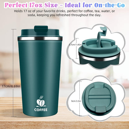 17oz Insulated Travel Coffee Mug with Flip Lid ¨C Leakproof Stainless Steel Insulated Coffee Tumblers, Reusable Coffee Cup for Hot & Cold Drinks, Perfect for Camping & On-the-Go