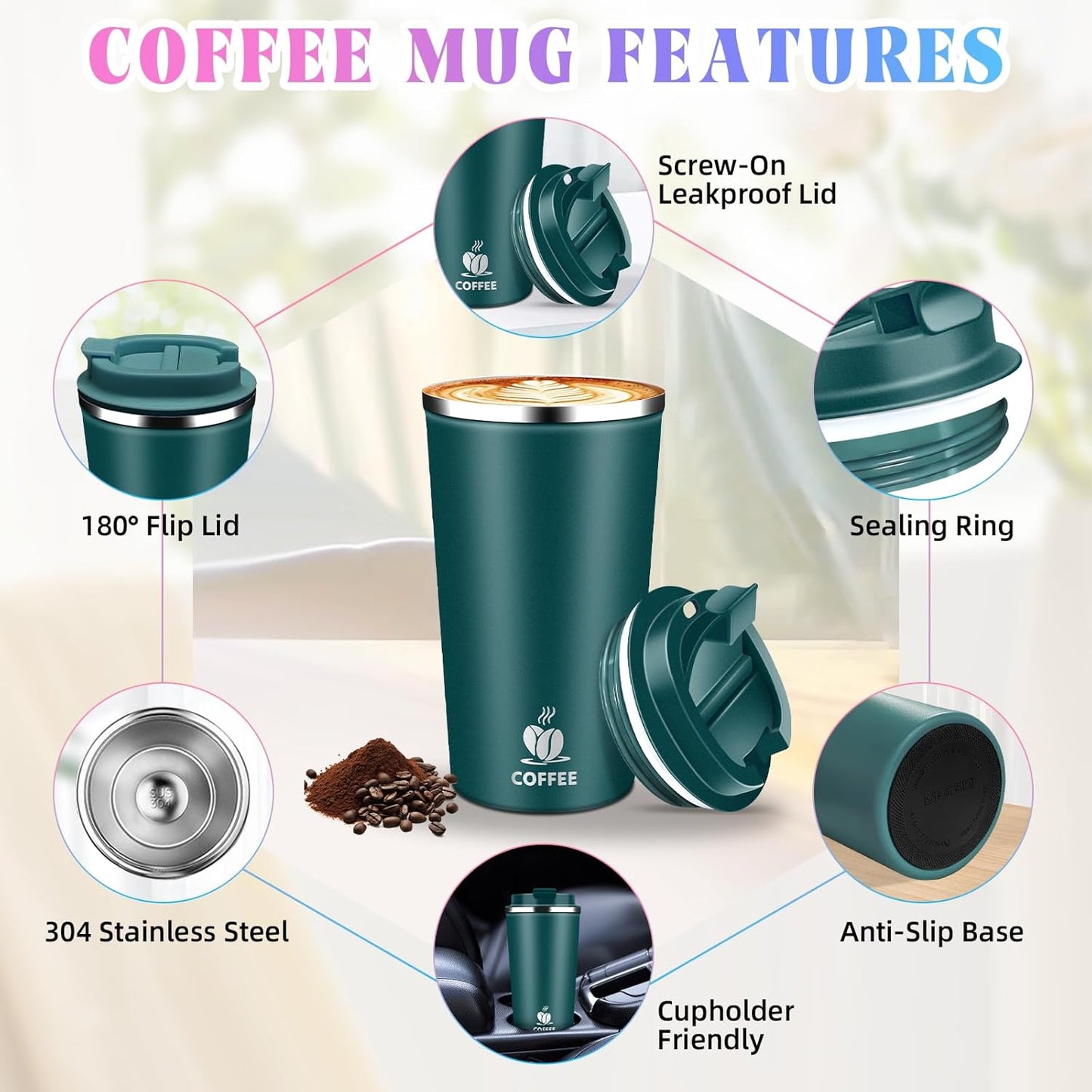17oz Insulated Travel Coffee Mug with Flip Lid ¨C Leakproof Stainless Steel Insulated Coffee Tumblers, Reusable Coffee Cup for Hot & Cold Drinks, Perfect for Camping & On-the-Go