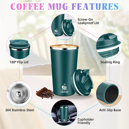17oz Insulated Travel Coffee Mug with Flip Lid ¨C Leakproof Stainless Steel Insulated Coffee Tumblers, Reusable Coffee Cup for Hot & Cold Drinks, Perfect for Camping & On-the-Go