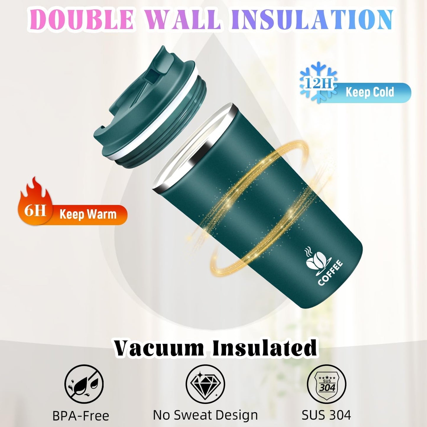 17oz Insulated Travel Coffee Mug with Flip Lid ¨C Leakproof Stainless Steel Insulated Coffee Tumblers, Reusable Coffee Cup for Hot & Cold Drinks, Perfect for Camping & On-the-Go