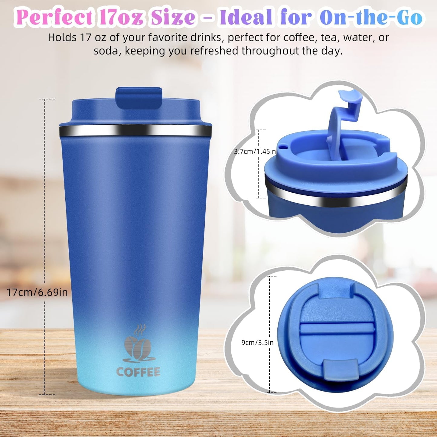 17oz Insulated Travel Coffee Mug with Flip Lid ¨C Leakproof Stainless Steel Insulated Coffee Tumblers, Reusable Coffee Cup for Hot & Cold Drinks, Perfect for Camping & On-the-Go