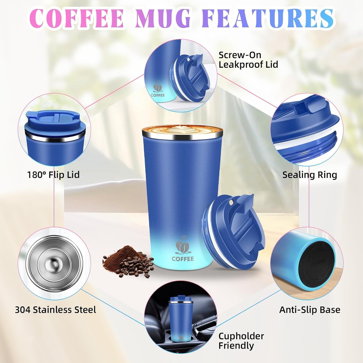 17oz Insulated Travel Coffee Mug with Flip Lid ¨C Leakproof Stainless Steel Insulated Coffee Tumblers, Reusable Coffee Cup for Hot & Cold Drinks, Perfect for Camping & On-the-Go