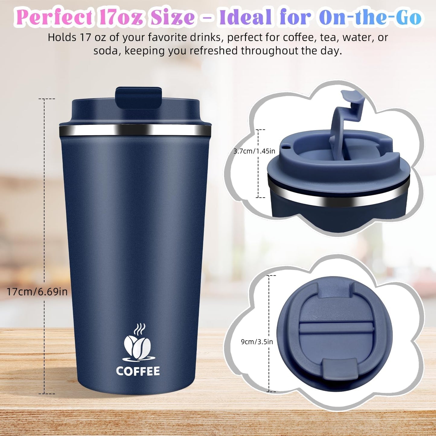 17oz Insulated Travel Coffee Mug with Flip Lid ¨C Leakproof Stainless Steel Insulated Coffee Tumblers, Reusable Coffee Cup for Hot & Cold Drinks, Perfect for Camping & On-the-Go